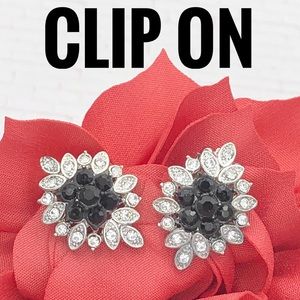 Black Clear Rhinestone Clip On Earrings